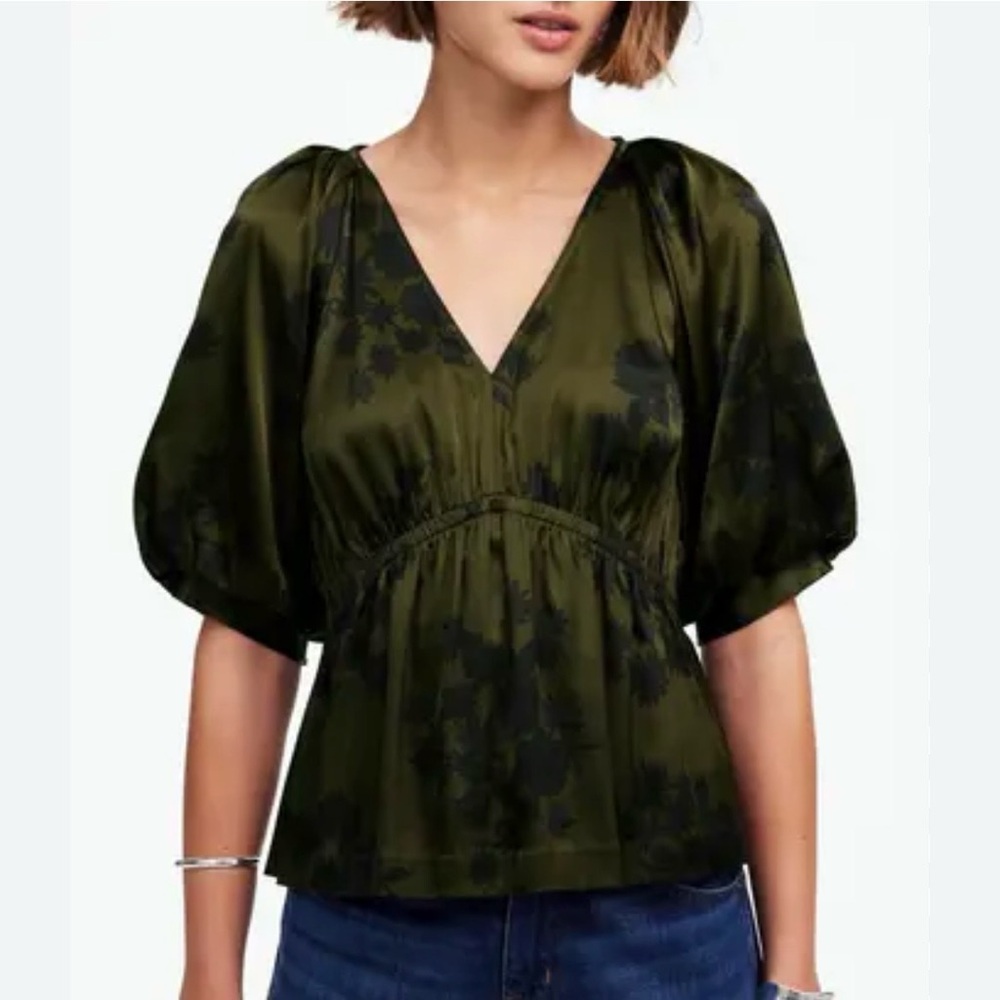 Madewell Dark Green & Navy Shirred Puff Sleeve Satin Top
